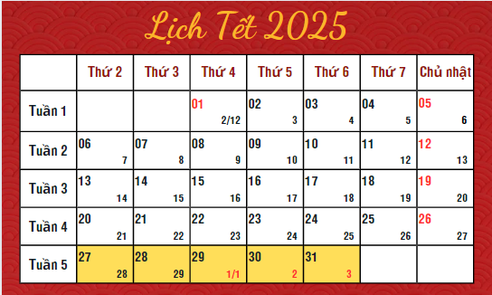 Lịch tết 2025: Tất tần tật thông tin bạn cần biết Lịch tết 2025