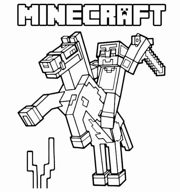   Tranh tô màu Minecraft hình ảnh một nhân vật Steve đang cầm kiếm