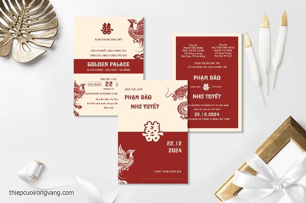 Thiệp cưới truyền thống họa tiết long phụng sum vầy