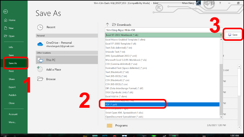 Trong tab Save As chọn định dạng PDF và nhấn Save để lưu Trong tab Save As chọn định dạng PDF và nhấn Save để lưu