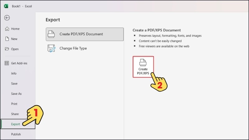 Chọn Export > Chọn Create PDF/XPS Chọn Export > Chọn Create PDF/XPS