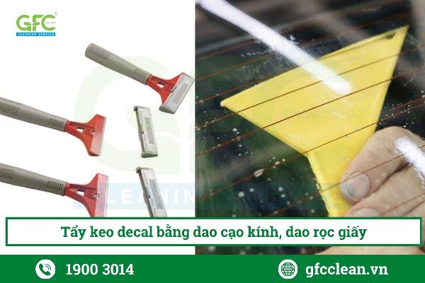 Bộ dụng cụ gỡ decal bao gồm máy sấy tóc, dao cạo nhựa, dung dịch tẩy keo, khăn mềm và găng tay.