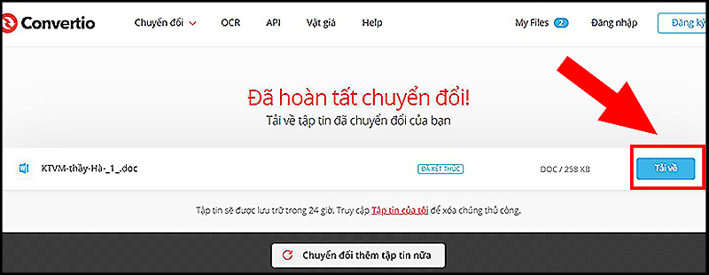 Lưu file Word vừa chuyển đổi về máy bằng cách nhấn Tải về Lưu file Word vừa chuyển đổi về máy bằng cách nhấn Tải về
