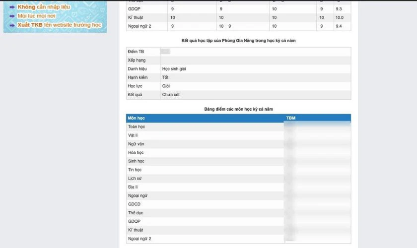 Các thông tin điểm số sẽ được hiển thị đầy đủ trên màn hình
