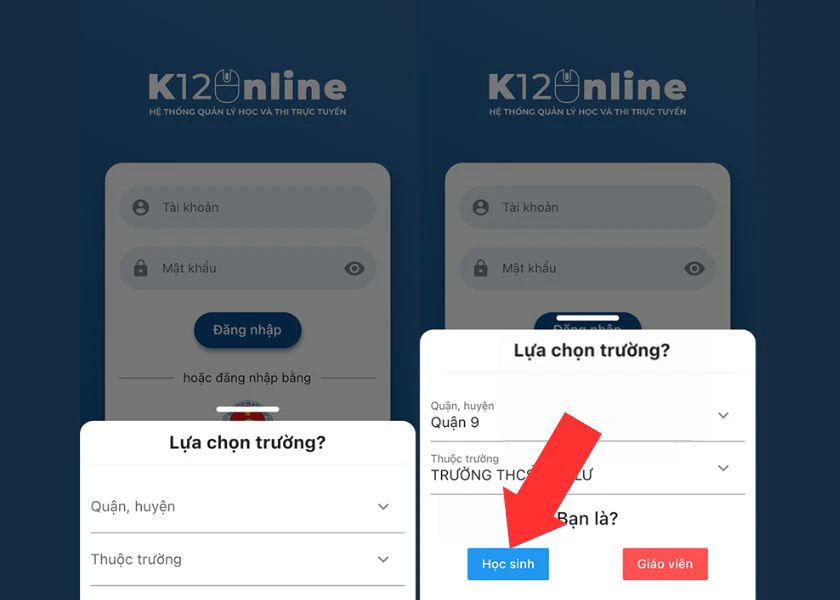 Tiết Kiệm Thời Gian: Đăng Nhập K12Online VN "Vèo Vèo" Để Vào Học Ngay! chọn quận huyện của trường và chọn học sinh