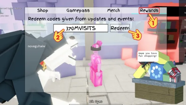 Bước 2 hướng dẫn nhập code Jujutsu Shenanigans: Nhập mã code vào ô và bấm nút Redeem