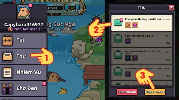 Code Capybara Go mới nhất tháng 06/2025 cập nhật liên tục Chọn biểu tượng Menu trong game Capybara Go để vào hòm thư