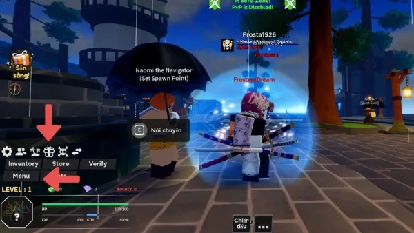 Giao diện game Haze Piece trên điện thoại, nhấn nút Menu và biểu tượng Hộp quà để mở cửa sổ nhập code.