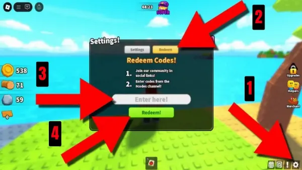 Giao diện nhập code Build An Island Roblox, minh họa vị trí nút Cài đặt và nút Redeem quà
