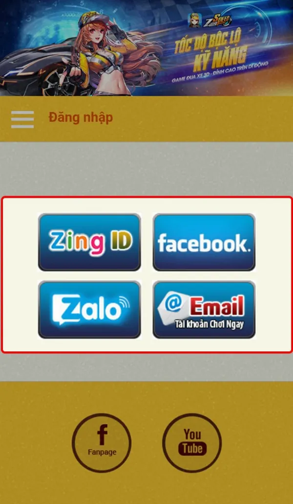 Giao diện trang nhập code ZingSpeed Mobile, hiển thị các tùy chọn đăng nhập Zing ID, Facebook, Zalo