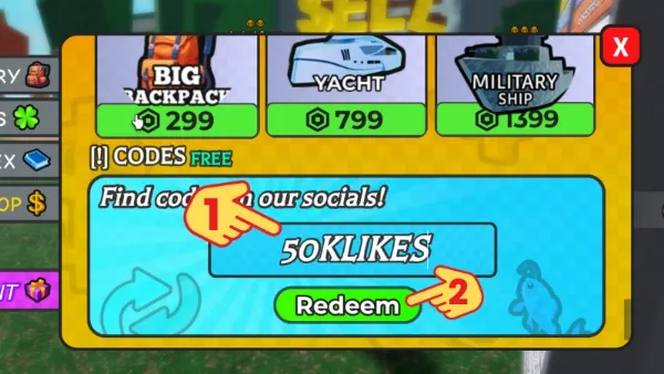 Code Go Fishing mới nhất tháng 06/2025 cập nhật liên tục Hướng dẫn nhập code Go Fishing Roblox: Bước 2 - Nhập mã code và bấm Redeem