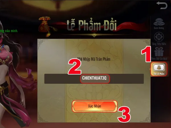 Hướng dẫn nhập code Tam Quốc Chí VTC: Bước 2 - Nhập mã code vào Thẻ lễ vật và nhấn Xác nhận để nhận quà