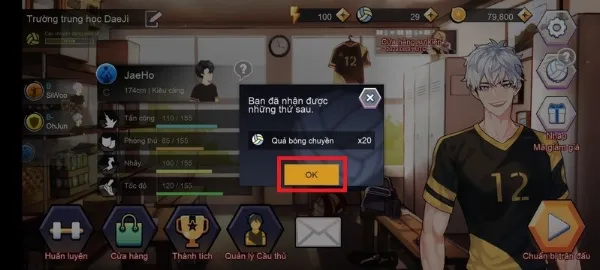 Màn hình thông báo nhận quà thành công trong game The Spike Volleyball Story