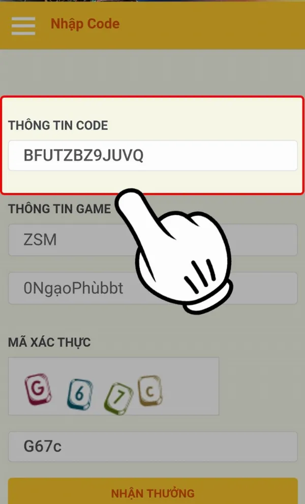 Nhập mã code ZingSpeed Mobile và mã xác thực vào các ô tương ứng trên trang nhận thưởng