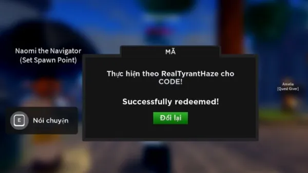 Thông báo "Successfully Redeemed" hiển thị khi nhập code Haze Piece thành công và nhận quà.