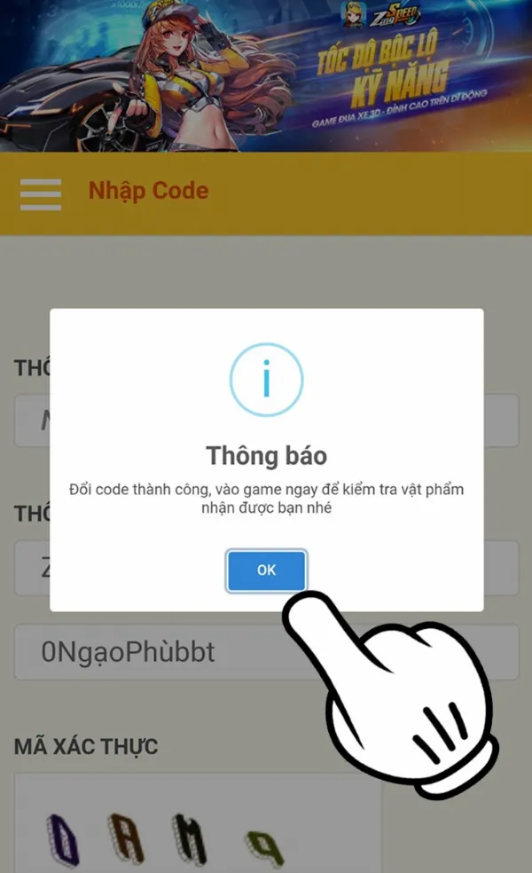 Thông báo xác nhận nhận quà thành công sau khi nhập code trong game ZingSpeed Mobile