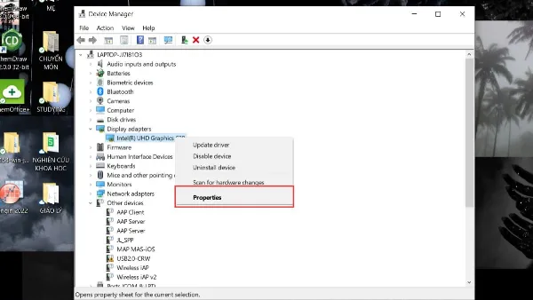 Cách khắc phục màn hình laptop bị thu nhỏ 2 bên đen đơn giản Bước 3: Chọn 'Properties' sau khi click chuột phải vào tên card màn hình.