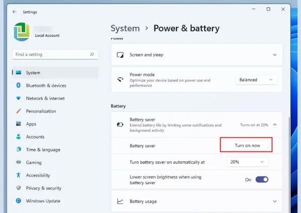 Cách tiết kiệm pin laptop Windows 11 hiệu quả, đơn giản nhất Cài đặt Battery Saver trên Windows 11, chọn Turn on now