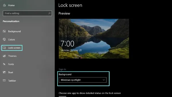 Cách đổi màn hình khóa laptop Windows 10, 11 nhanh, cực dễ Cài đặt màn hình khóa trên Windows, mục chọn nền là 'Windows spotlight'