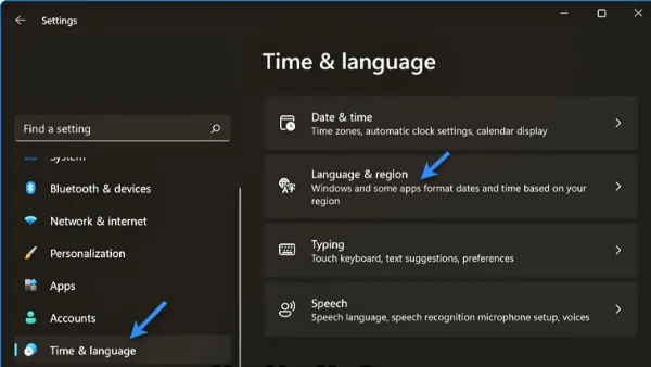 Cách chuyển vùng trên laptop Win 10, 11, 7 và macOS chi tiết Chọn mục Ngôn ngữ và Vùng (Language & Region) trong cài đặt Windows 11.