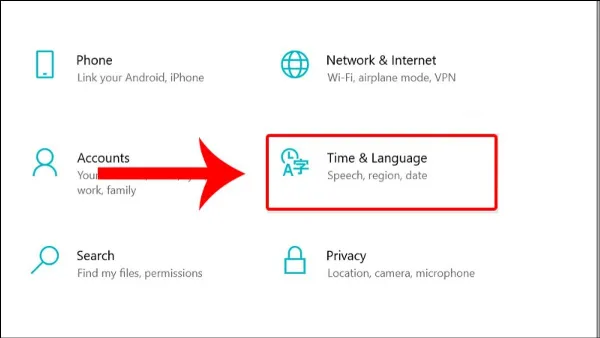 Cách chuyển vùng trên laptop Win 10, 11, 7 và macOS chi tiết Chọn mục Thời gian và Ngôn ngữ (Time & Language) trong cài đặt Windows.