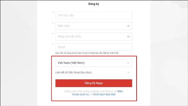 Chọn Quốc gia Việt Nam và nhấn nút Đăng ký ngay trên trang Garena