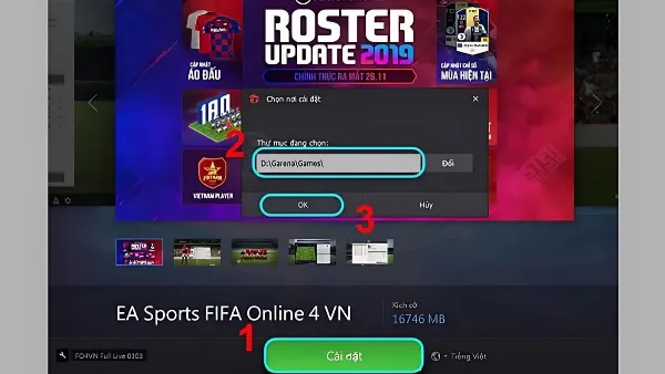 Chọn thư mục cài đặt game FC Online và nhấn nút Cài đặt trong Garena PC