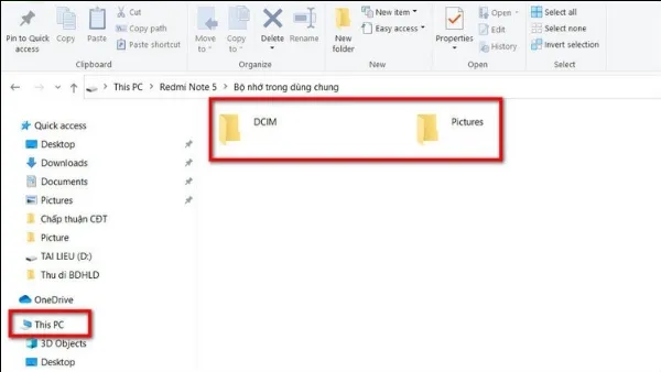Chọn và sao chép các tệp ảnh từ thư mục DCIM trên bộ nhớ điện thoại sang thư mục trên laptop qua File Explorer.