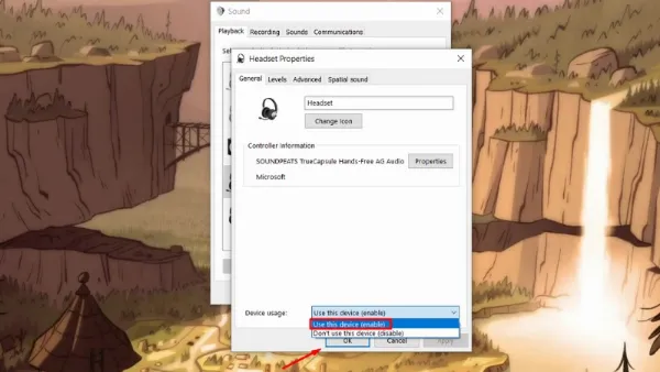Cửa sổ Properties của tai nghe, mục Device usage được thiết lập là Use this device (enable)