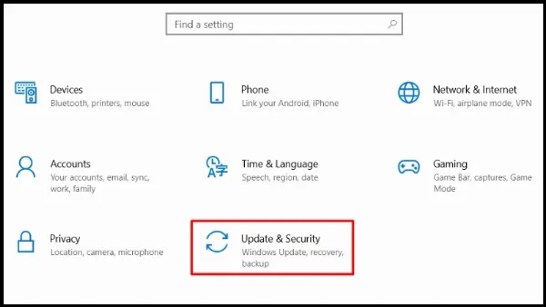Cửa sổ Windows Settings, chọn mục Update & Security
