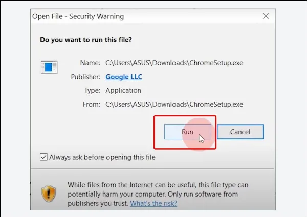 Cửa sổ xác nhận chạy tệp cài đặt Chrome
