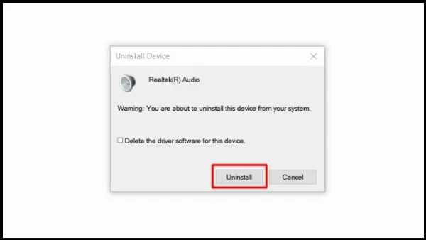 Cửa sổ xác nhận gỡ cài đặt Driver, bấm Uninstall