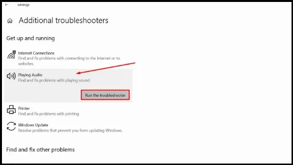 Danh sách các công cụ Troubleshoot, click Run the troubleshooter bên cạnh Playing Audio