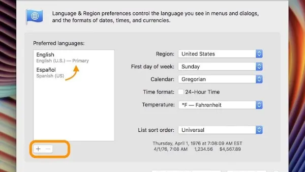 Cách chuyển vùng trên laptop Win 10, 11, 7 và macOS chi tiết Giao diện chọn khu vực (Region) để thay đổi định dạng trên macOS.