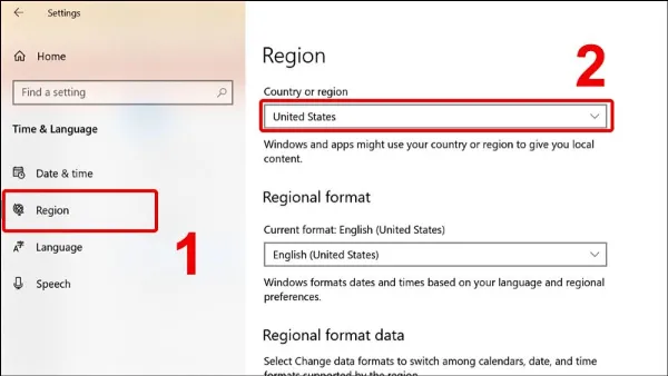 Cách chuyển vùng trên laptop Win 10, 11, 7 và macOS chi tiết Giao diện chọn Quốc gia hoặc khu vực (Country or region) để thay đổi vùng trên Windows 10.