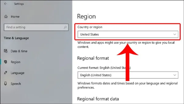 Cách chuyển vùng trên laptop Win 10, 11, 7 và macOS chi tiết Giao diện kiểm tra vùng hiện tại của laptop trên cài đặt Khu vực (Region) trong Windows.