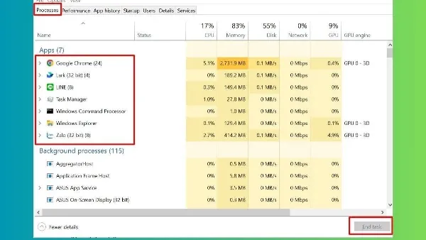 Giao diện Task Manager giúp theo dõi và tắt các ứng dụng chiếm dụng tài nguyên hệ thống