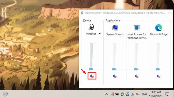 Giao diện Volume Mixer hiển thị các kênh âm thanh, trong đó kênh Device đang bị tắt tiếng