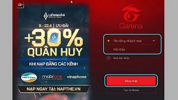 Khởi động ứng dụng Garena PC và đăng nhập bằng tài khoản Garena của bạn