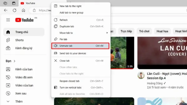 Menu chuột phải trên tab trình duyệt hiển thị tùy chọn Unmute tab