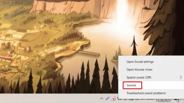 Menu chuột phải từ icon loa, chọn mục Sounds để mở cài đặt âm thanh