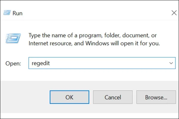 Mở hộp thoại Run và gõ regedit để truy cập Registry Editor