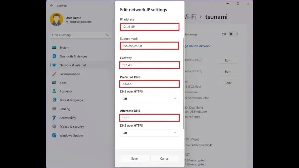 Cách chuyển vùng trên laptop Win 10, 11, 7 và macOS chi tiết Nhấn Lưu (Save) sau khi nhập thông tin IP, Subnet mask, Gateway, DNS để đổi IP thủ công trên laptop Windows.