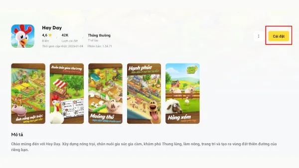 Hướng dẫn tải Hay Day trên laptop đơn giản, chi tiết nhất Nhấn nút Cài đặt game Hay Day từ kết quả tìm kiếm trong giả lập LDPlayer
