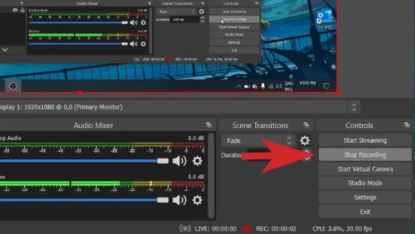 Hướng dẫn quay màn hình laptop Win 10 đơn giản, nhanh chóng Nút Stop Recording để kết thúc quá trình quay màn hình trong OBS Studio.