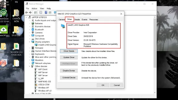 Cách khắc phục màn hình laptop bị thu nhỏ 2 bên đen đơn giản Tab 'Driver' hiển thị chi tiết thông tin về driver card màn hình đang cài đặt.