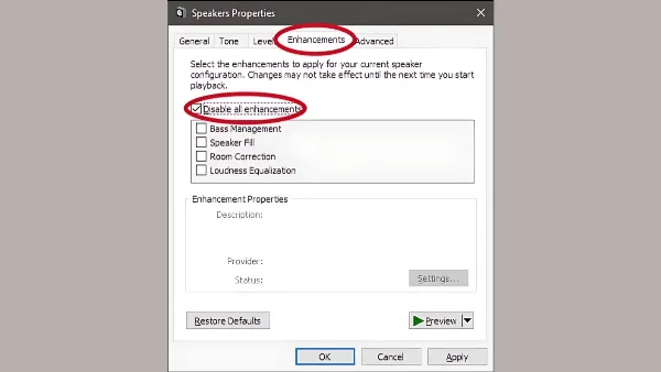 13 cách sửa lỗi laptop Win 11 bị mất âm thanh nhanh chóng Tắt tính năng Audio Enhancements trong Properties của thiết bị âm thanh