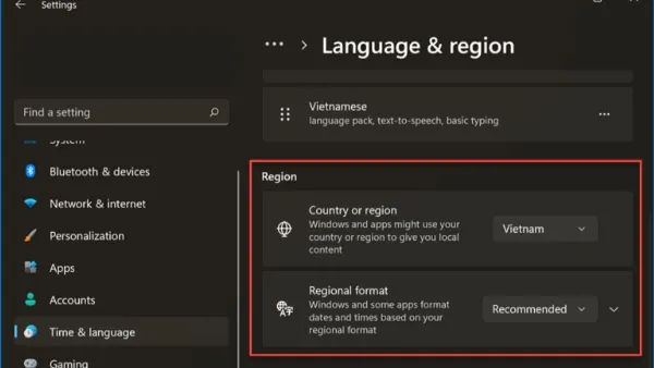 Cách chuyển vùng trên laptop Win 10, 11, 7 và macOS chi tiết Thay đổi Quốc gia hoặc vùng và Định dạng khu vực trong cài đặt vùng trên Windows 11.