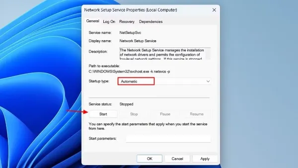 Khắc phục Lỗi Không Nhập Được Mật Khẩu Wifi Trên Laptop Thiết lập Startup type là Automatic và Start dịch vụ
