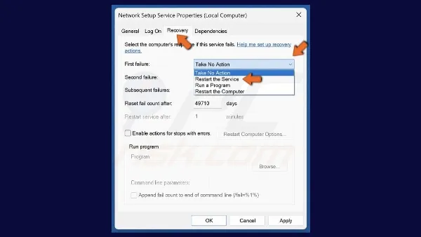 Khắc phục Lỗi Không Nhập Được Mật Khẩu Wifi Trên Laptop Thiết lập tùy chọn Restart the Service trong tab Recovery